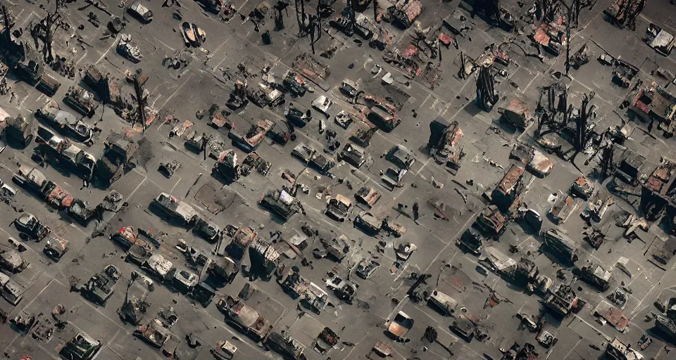 Image similar to aerial view of dilapidated zombie - apocalypse new york city in real life, desolate with zombies, dilapidated, zombies in the streets, nightmarish, some rusted style parked vehicles, sunny weather, few clouds, volumetric lighting, photorealistic, daytime, autumn, sharp focus, ultra detailed, cgsociety