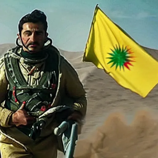 Image similar to kurdish astronaut holding a kurdish! kurdistan! flag in a movie directed by christopher nolan, movie still frame, promotional image, imax 7 0 mm footage