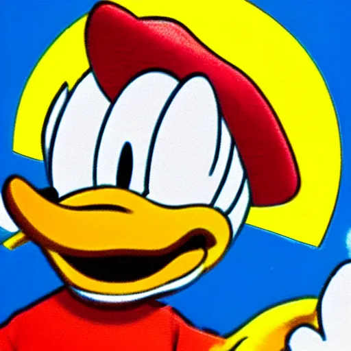 Prompt: Donald duck throws a quarter in a well while the sun is smiling in the sky