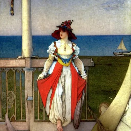 Prompt: A jester girl behind the beach castle balustrade, sail boat on the background, major arcana clothes, by paul delaroche, alphonse mucha and arnold böcklin arnold böcklin hyperrealistic 8k, very detailed