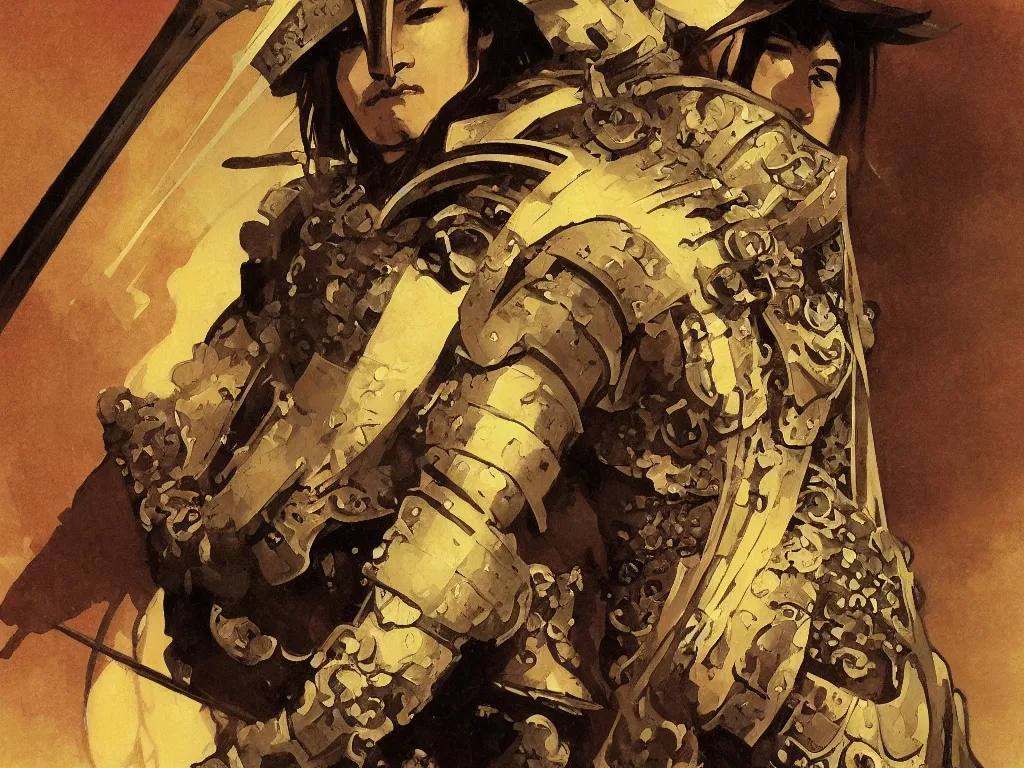 Prompt: close up of a samurai in full armor, by fiona staples, alphonse mucha, greg manchess