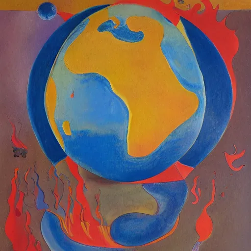 Image similar to a highly detailed painting of the world globe in flames, inspired by dali, matisse, klee, bosch, david hockney, trending on artstation, 4 k