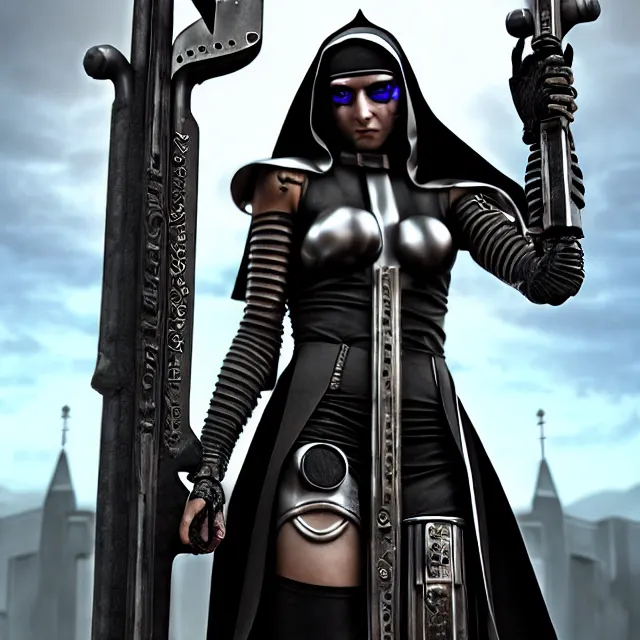 Prompt: cyberpunk nun warrior, highly detailed, 4 k, hdr, smooth, sharp focus, high resolution, award - winning photo, illustrated by anne stokes, photorealistic