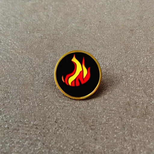 Prompt: minimalistic fire warning flame circle enamel pin retro design