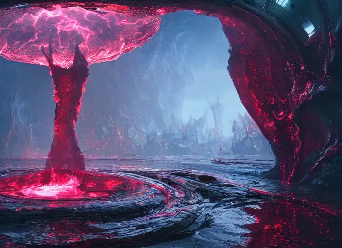 Image similar to future technology nether portal on a humongous hell biome, fantasy, hyper realism, wet reflections, intricate, digital art, detailed, studio shot, unreal engine 5, octane, high definition, smooth, artstation, behance