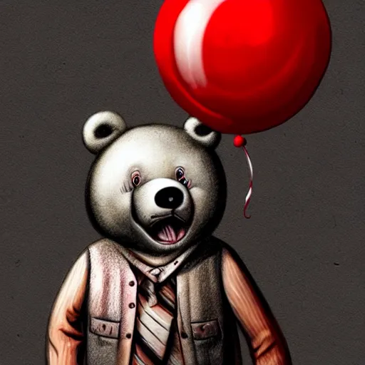 Image similar to surrealism grunge cartoon portrait sketch of a bear with a wide smile and a red balloon by - michael karcz, loony toons style, mad max style, horror theme, detailed, elegant, intricate