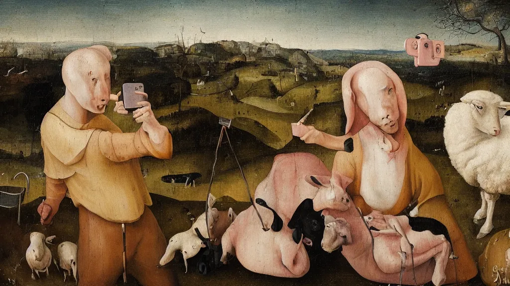 Image similar to A butcher and sheep taking a selfie smiling, in the fashion of Hieronymus Bosch, oil on canvas, painting, 4k, wide shot