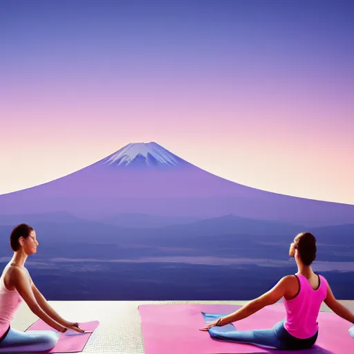 Image similar to two people doing yoga, on a ledge overlooking Mount Fuji - light pink coloring, 8k render octane,