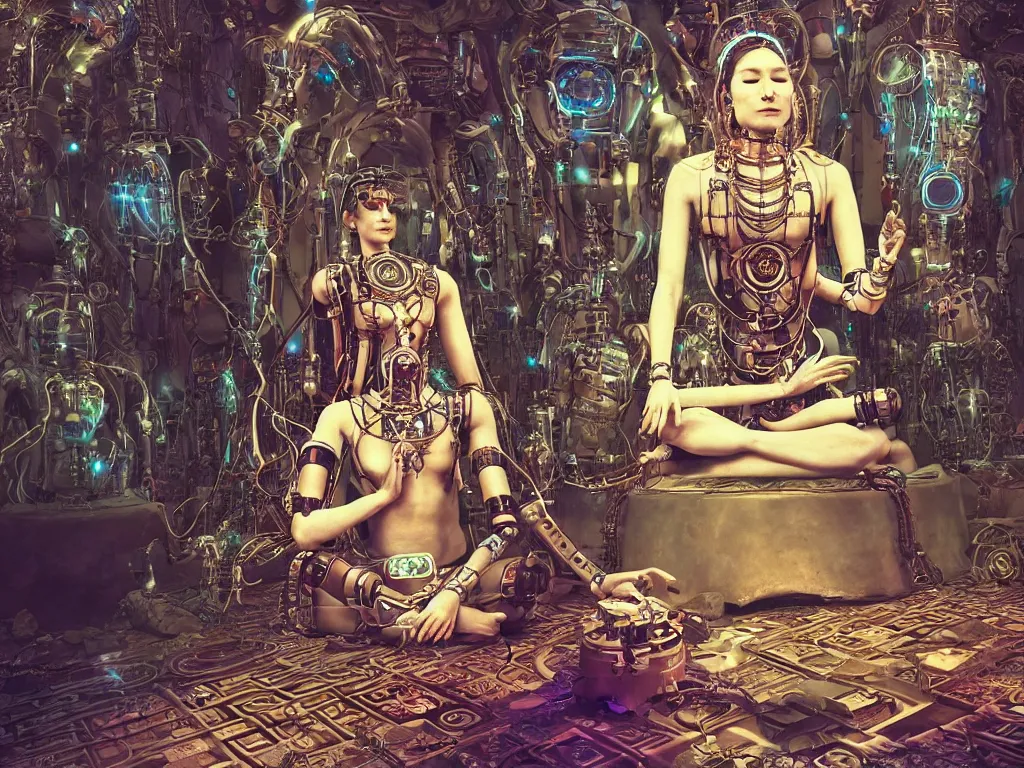 Image similar to an ancient mystical female shaman meditating in a cybernetic robot temple