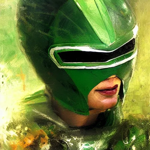 Prompt: green power ranger, realistic, ultrahd, jeremy mann painting