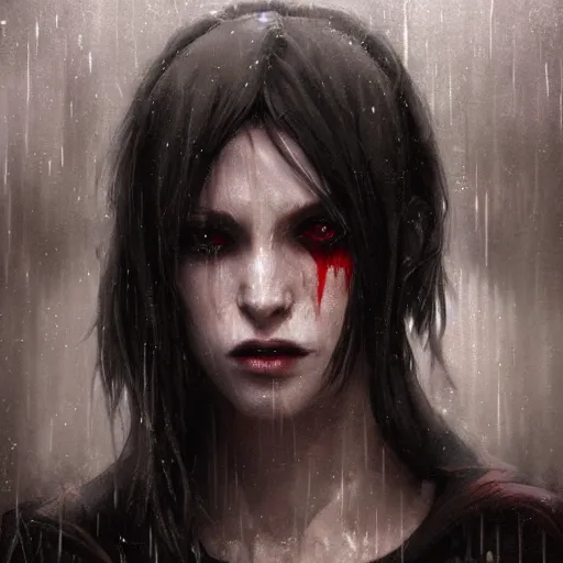 Prompt: a vampire, pale, cloaked, scarred, wet, raining, close up, rim lighting, portrait, sinister atmospheric lighting. highly detailed painting by greg rutkowski, anime style