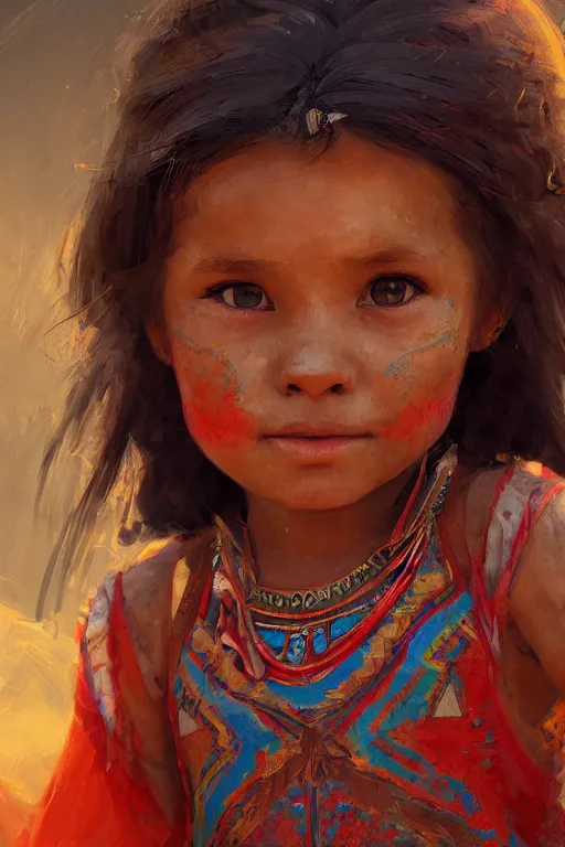 Image similar to aztec little girl, joyful, close - up portrait, intricate, elegant, volumetric lighting, scenery, digital painting, highly detailed, artstation, sharp focus, illustration, concept art, ruan jia, steve mccurry