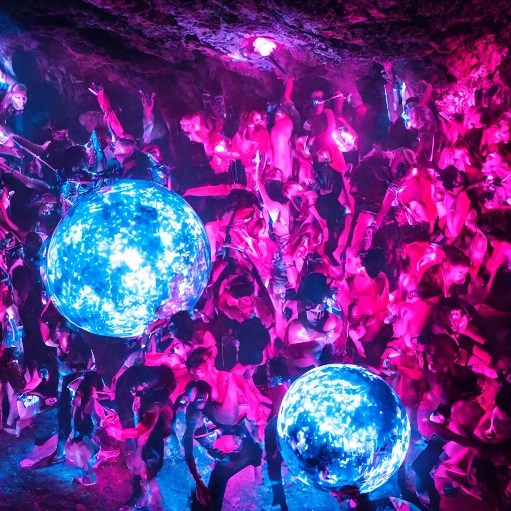 Image similar to cinematic shot of a goth disco in a cave, brutal weapons made of pink lasers and blue crystals forming a sphere, 8k photograph