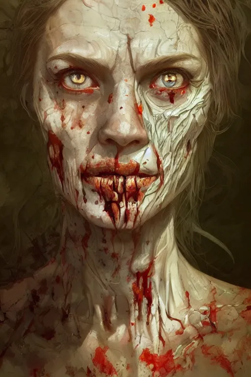 Image similar to beautiful portrait of walking dead zombie by terry o'neill intricate, elegant, highly detailed, digital painting, glowing skin, artstation, concept art, soft, sharp focus, bright lighting, illustration, art by artgerm and greg rutkowski and alphonse mucha