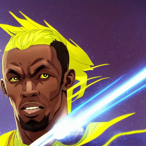 Image similar to portrait of usain bolt godspeed thunder of zeus, anime fantasy illustration by tomoyuki yamasaki, kyoto studio, madhouse, ufotable, square enix, cinematic lighting, trending on artstation