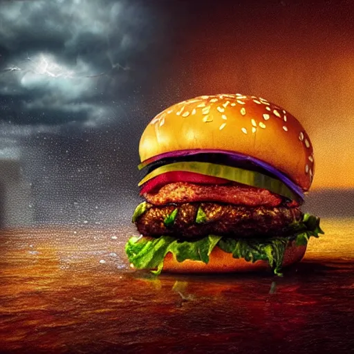 Prompt: a demonic burger, oil painting, thunderstorm, raindrops, cinematic, unreal engine