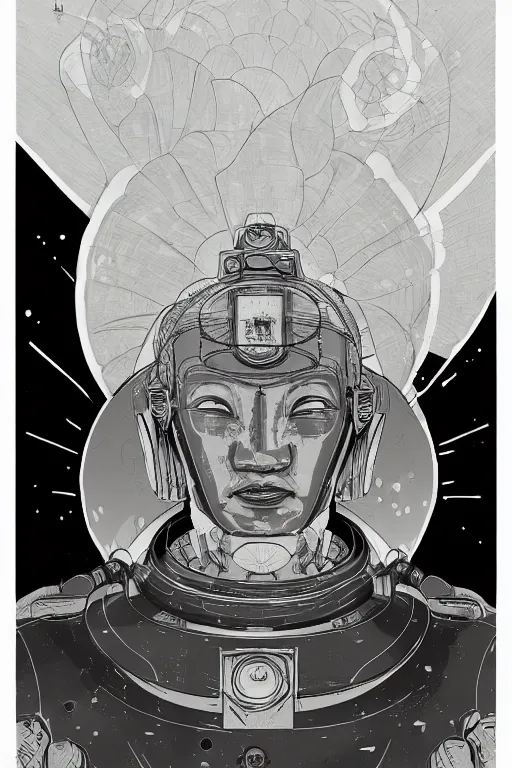 Image similar to a monotone study of cell shaded cyborg robot astronaut buddha meditating in a lotus flower illustration, golden ratio, post grunge portrait, character concept art by josan gonzalez, james jean, Mike Mignola, Laurie Greasley, highly detailed, sharp focus, alien, Artstation, deviantart, artgem