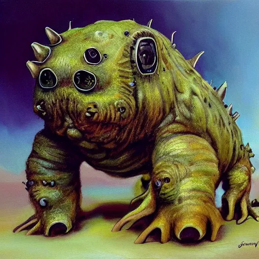 Image similar to realistic painting of a tardigrade kaiju, with 6 legs in a desert storm, by james gurney, slime, big globule eye, godzilla, vintage, concept art, oil painting, tonalism, crispy