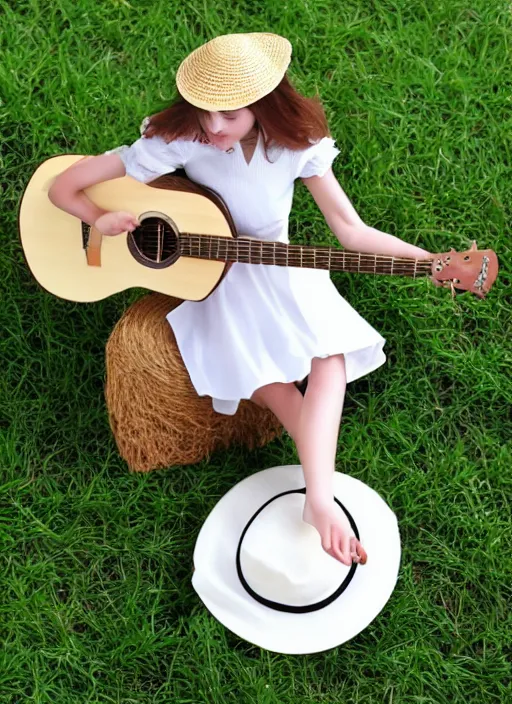 Prompt: Fine Image on the store website, eBay, Full body, 80mm resin figure of a cute girl in straw hat and white dress playing guitar, environmental light from the front