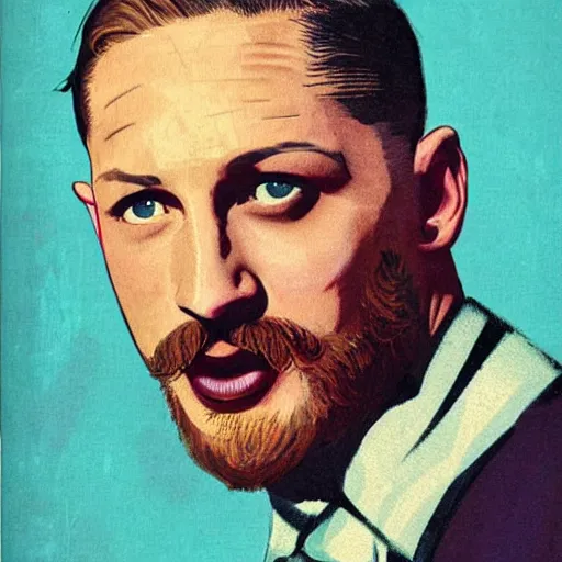 Image similar to “Tom Hardy portrait, color vintage magazine illustration 1950”