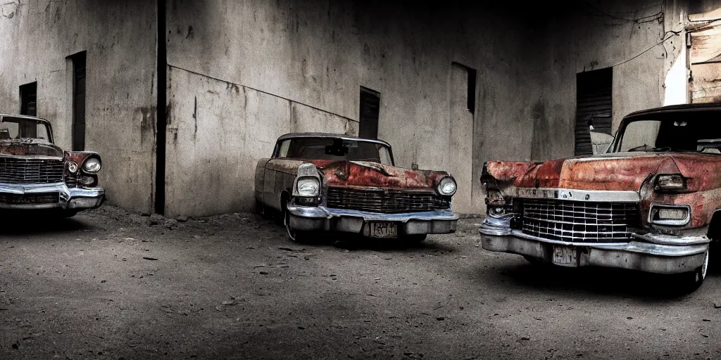 Image similar to a widescreen photo of a old rusty cadillac full with angry children, in a dark alley, low light, by steve mccurry