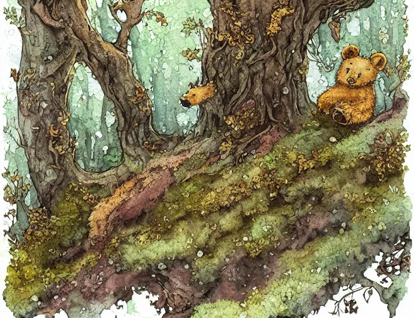 Prompt: fae bear in the lichen woods. this watercolor and gold leaf work by the award - winning comic artist has a beautiful composition and intricate details.