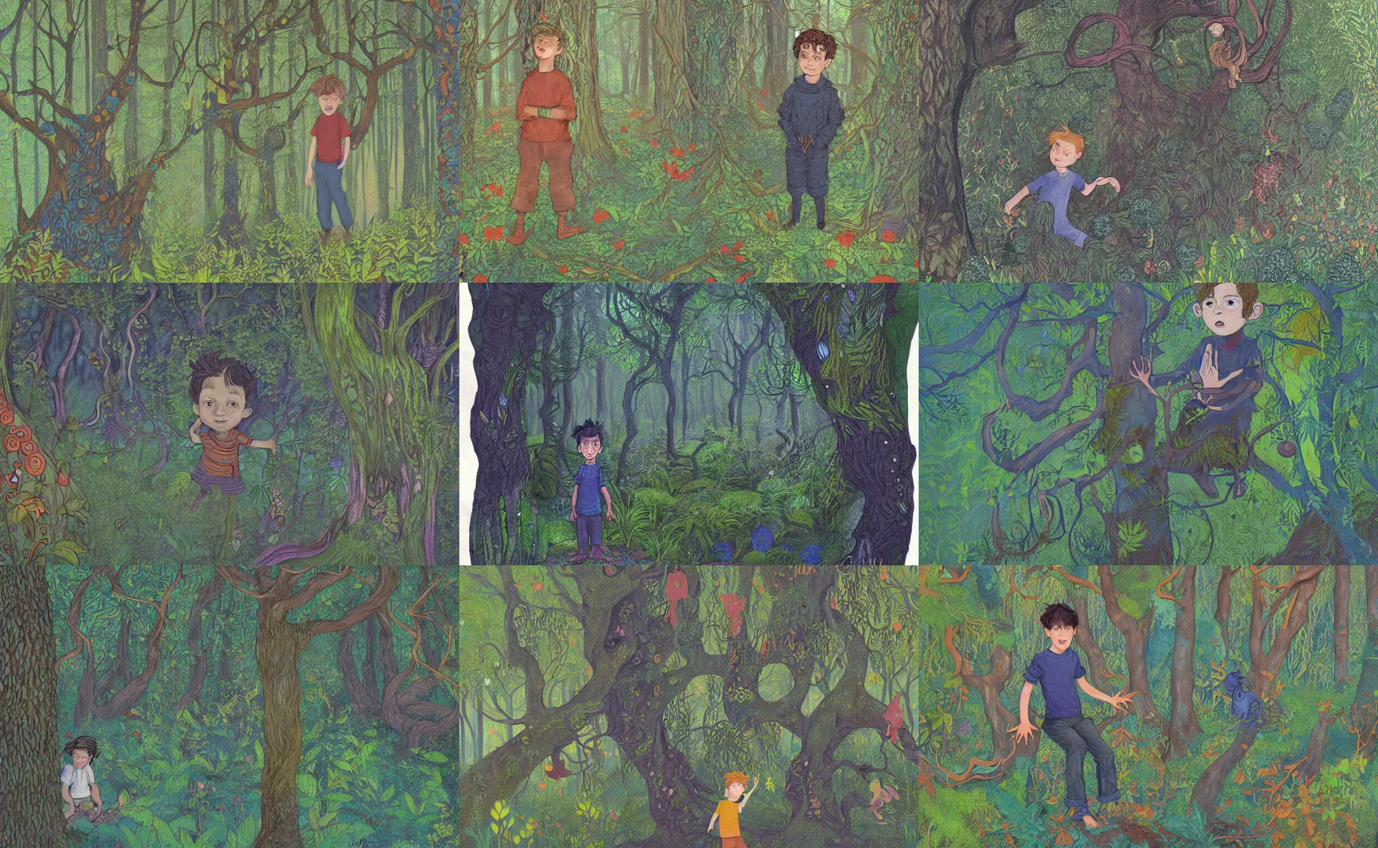 Prompt: kids book illustration of boy in magical forest, by beatrice blue, by julia sarda, by loish, by szymon biernacki. dark guache, pastels. pencils. dark. complex pattern figurative ornamental. leafy mossy patterns. detailed, textured, orthoview