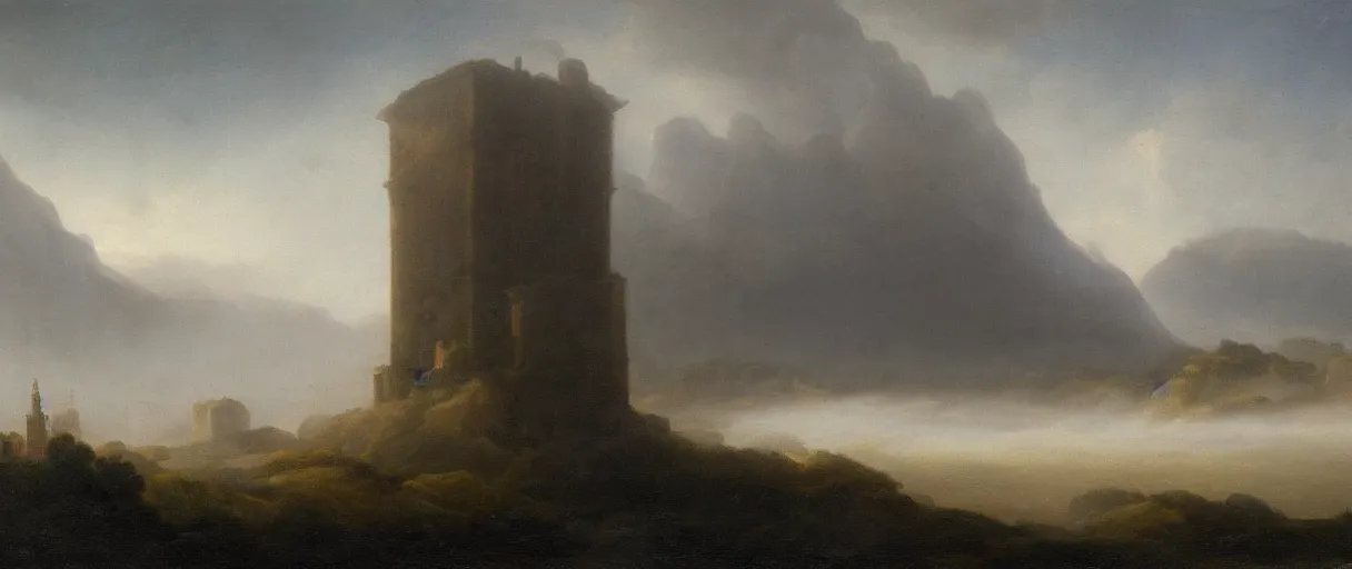 Image similar to an impossibly large tower rising from a sea of mist,evocative,romanticism landscape painting,chiaroscuro