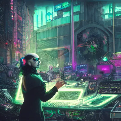Prompt: cyberpunk goth musician cyborg playing cyberpunk synthesizer in cyberpunk farmers market by william barlowe and pascal blanche and tom bagshaw and elsa beskow and enki bilal and franklin booth, neon rainbow vivid colors smooth, very fine high detail 8 k resolution