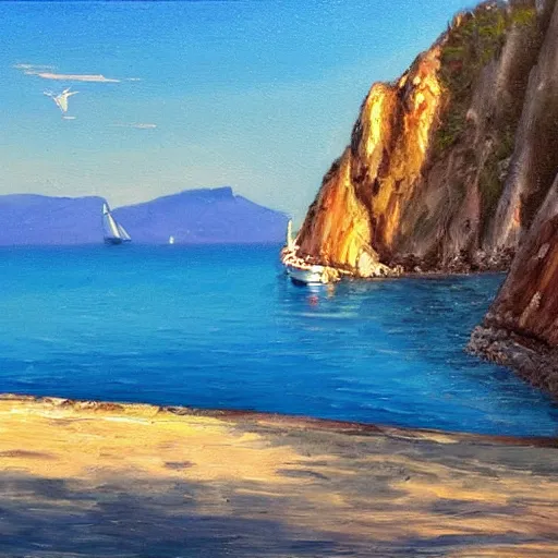 Image similar to italy, capri coast, sea, sunny day, summer, sailing boat, clouds on the sky, oil painting style,