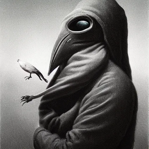 Image similar to plague doctor bird in his larval form. extremely lush lifelike detail. award - winning digital art by beksinski, ansel adams, alan lowmax. surreal scientific photoillustration.