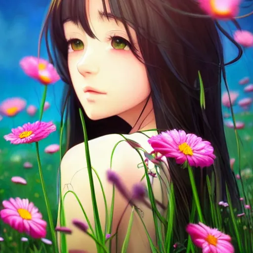 Image similar to a beautiful girl with long dark hair, sitting in a field of flowers, sunny, daytime, sharp focus, intricate, digital painting, artstation, official media, anime key visual, highly detailed, rich vivid colors, ambient lighting, illustration, art by Artgerm, Makoto Shinkai, Miyazaki Hayao, Ilya Kuvshinov, Lois Van Baarle, and Rossdraws