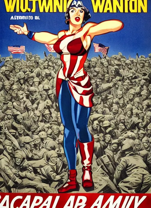 Prompt: beautiful female captain america standing on a pile of defeated german soldiers. feminist captain america wins wwii. american wwii propaganda poster by james gurney. anime. gorgeous face.