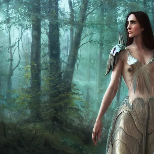 Prompt: A beautiful detailed painting of jennifer connelly as a female angel warrior, wings spread in a magical forest, ray traced sun light, by john sargent and Kalin Popov , Trending on artstation HD.