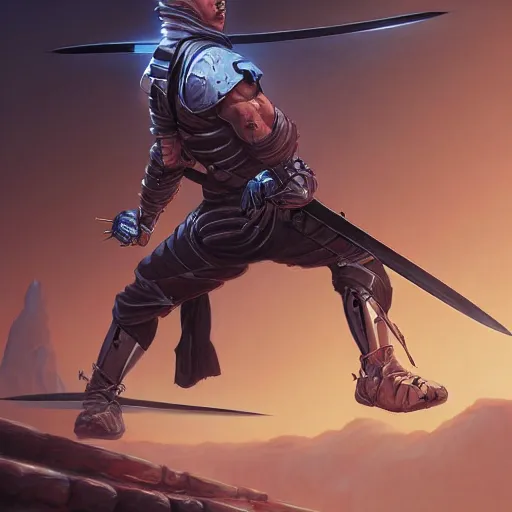 Prompt: combat ninja cyborg wielding katanas designed by jony ive, painted by michael whelan and gilbert williams and evgeny lushpin and artgerm and alena aenami, highly detailed, artstation