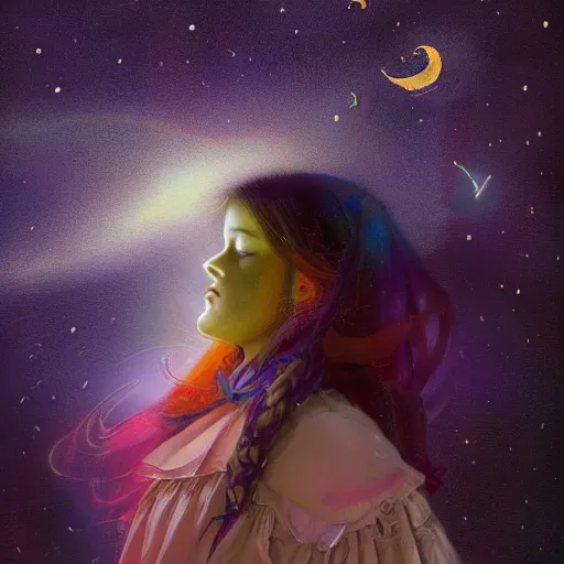 Image similar to A beautiful illustration of a young girl with long flowing hair, looking up at the stars. She appears to be dreaming or lost in thought. mariachi, medieval parchment by Scott Naismith, by Lorenz Hideyoshi, by Michael Whelan vfx, beautiful