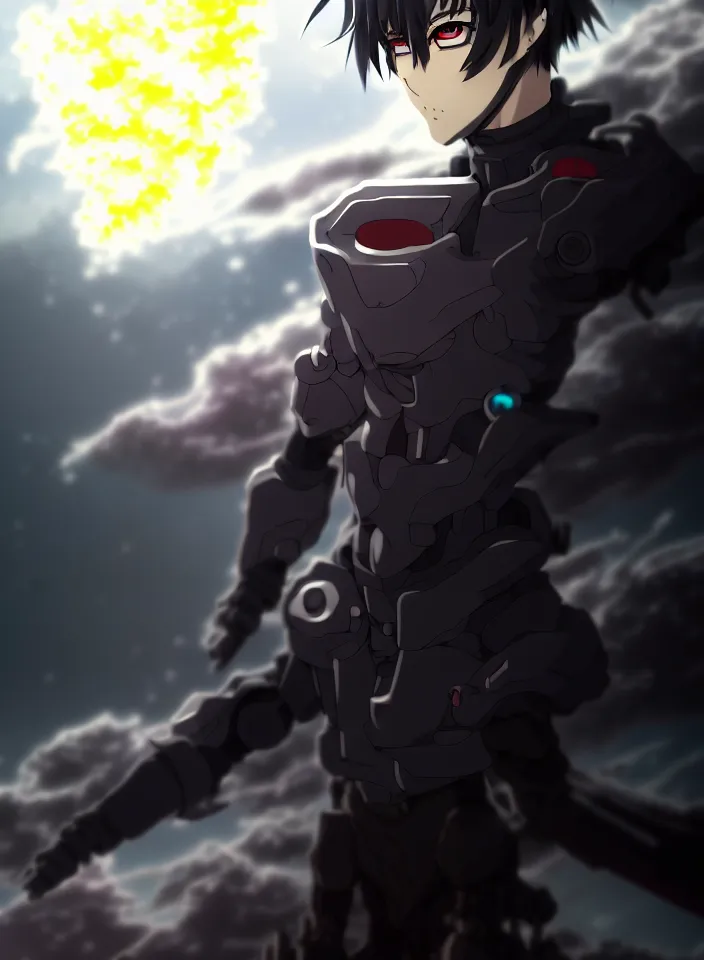 Image similar to a detailed anime character full body portrait of a dark haired cyborg handsome anime man surrounded by clouds of dark smoke and fire, trending on artstation, digital art, 4 k resolution, detailed, high quality, sharp focus, hq artwork, insane detail, concept art, character concept, character illustration, full body illustration, perfect anatomy, cinematic, volumetric lighting