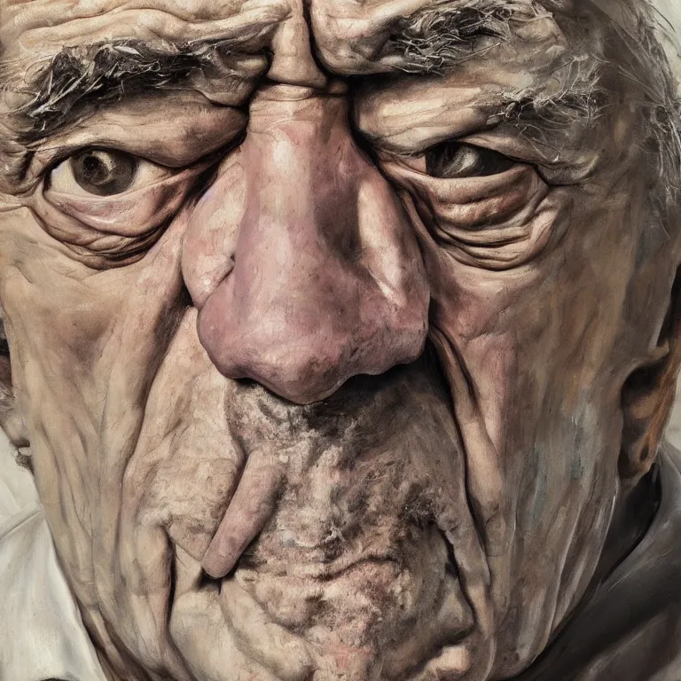 Image similar to close up studio portrait of aging old Robert De Niro age 115 wrinkled angry, impasto oil painting thick brushstrokes by Lucian Freud and Tim Hawkinson and Cy Twombly, trending on artstation Studio lighting Expressionism