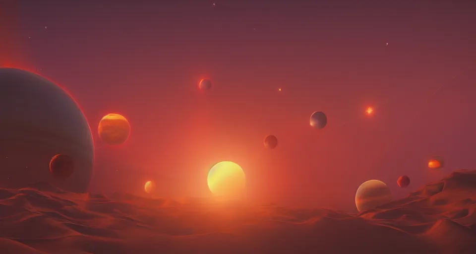 Prompt: watching planets align in the sunset horizon by Michael Whelan. octane Render, artstation, wallpaper, volumetric light..