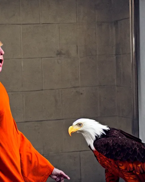 Image similar to Medium shot photo of scared Donald Trump in prison jail wearing orange pajamas with an American bald eagle attacking him, Annie Leibowitz, octane, action, dramatic lighting, editorial photo, 35mm, very detailed