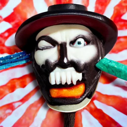 Prompt: freddy kruger face on an ice cream with a stick from ice cream truck, realistic photography, high detailed