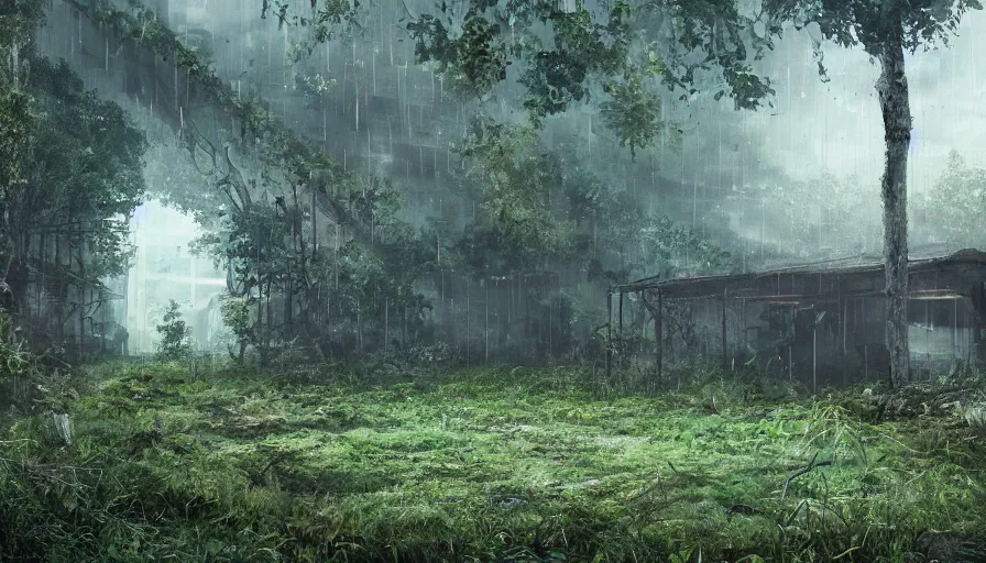 Image similar to Abandoned movie studio under rain, lot of vegetation, hyperdetailed, artstation, cgsociety, 8k