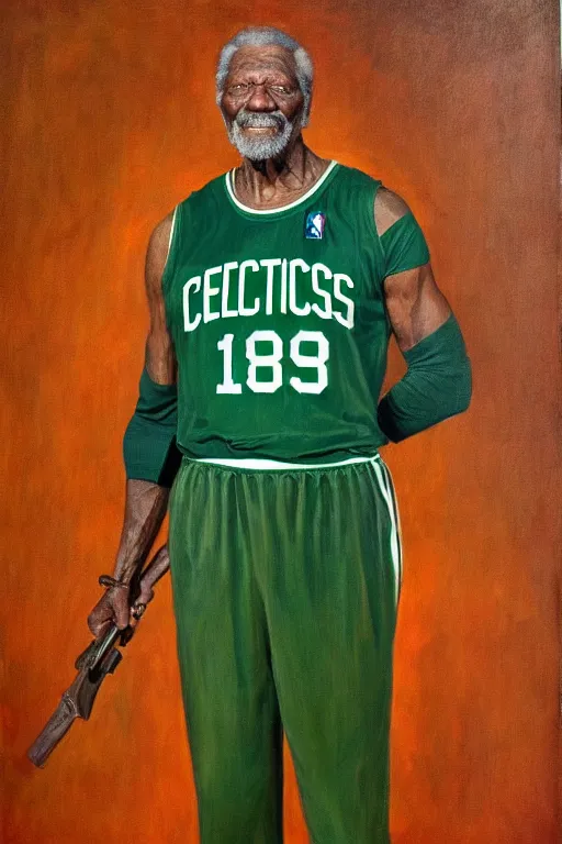 Prompt: full body portrait of the dictator of the boston celtics, bill russell, 1 8 8 9, in full military garb, oil on canvas by william sidney mount, trending on artstation