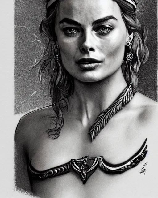 Image similar to realism tattoo sketch of margot robbie as a beautiful greek goddess aphrodite with piercing eyes wearing a laurel wreath and triangle earrings, in the style of greg rutkowski, amazing detail