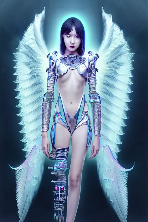 Prompt: portrait futuristic angel Girl with halo and wings and feathers and silver mirror armor, in future cyberpunk tokyo rooftop , ssci-fi, fantasy, intricate, very very beautiful, elegant, human anatomy, human structure, neon light, highly detailed, digital painting, artstation, concept art, smooth, sharp focus, illustration, art by tian zi and WLOP and alphonse mucha