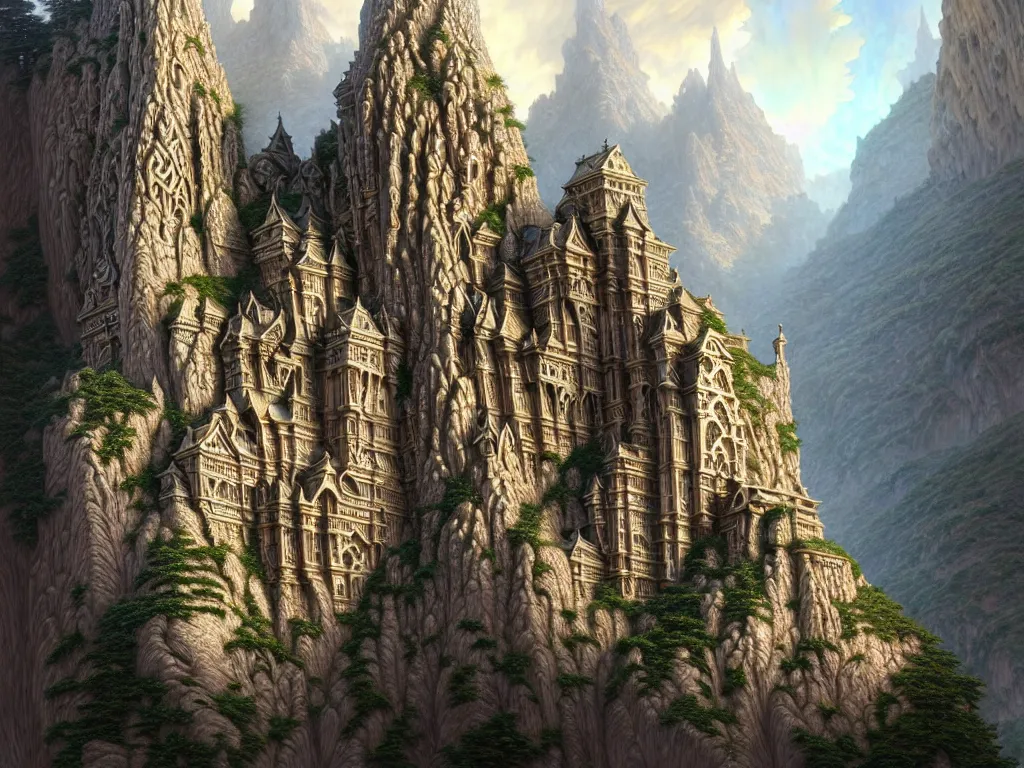 Image similar to ultra detailed, fractal cityscape carved into mountain wall, intricate details, elegant, super highly detailed, professional digital painting, artstation, concept art, smooth, sharp focus, no blur, no dof, extreme illustration, Unreal Engine 5, Photorealism, 8k, cinematic, art by artgerm and greg rutkowski and alphonse mucha and loish and WLOP