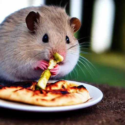 Image similar to detailed photo of a hamster eating a kebab, outdoors, various poses, full body, unedited, daylight, 8 k