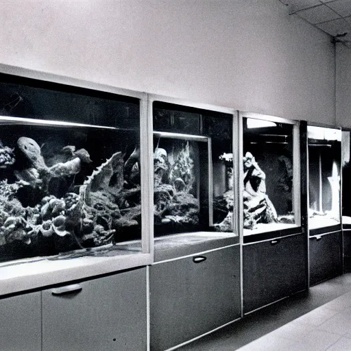 Image similar to spooky creepy liminal space, display case, aquatic exhibition museum, dried aquarium, computer screens, photo taken on 1 9 8 0 s fujifilm superia