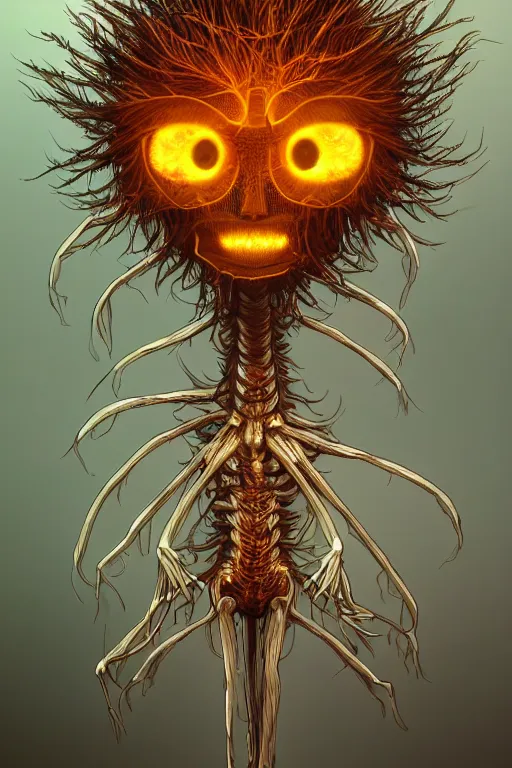 Image similar to a humanoid figure dandelion plant monster, amber eyes, highly detailed, digital art, sharp focus, ambient lighting, glowing, skeletal, trending on art station, anime art style