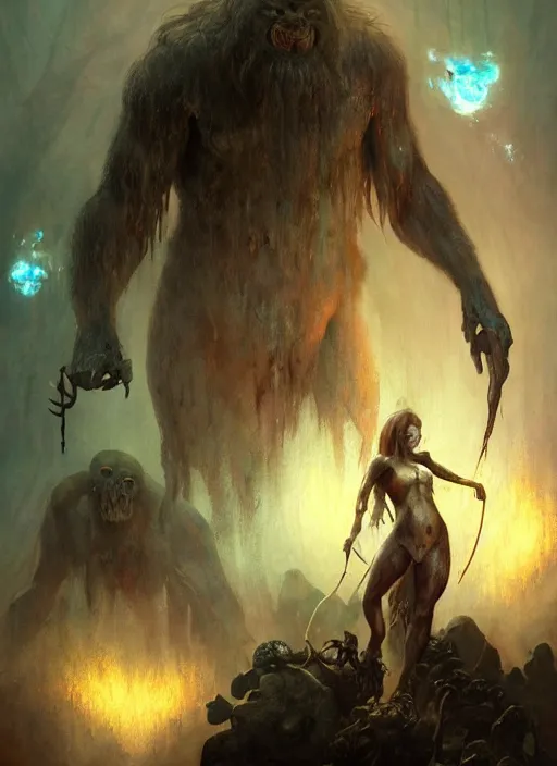 Image similar to shackled in styx river of the underworld, frank frank frazetta and cgsociety, stunning sasquatch, blood splatters, charlie bowater and tom bagshaw, insanely detailed, deviantart, space art, atoms surrounded by skulls, death, and spirits flying, water fall, horror, sci - fi, surrealist painting, by peter mohrbacher